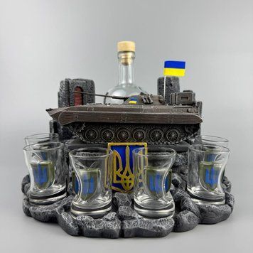 Гіпсовий мінібар із технікою БМП-2 ручної роботи, підставка з набором посуду на подарунок піхотинцю 11374-3 фото